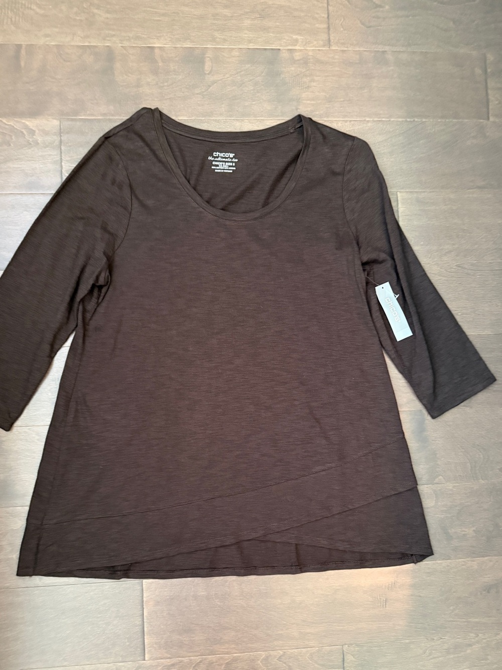 NWT Chico's Cotton Slub 3/4 Sleeve Scoop Neck Tee Brown Cocoa Bean L Chico 2